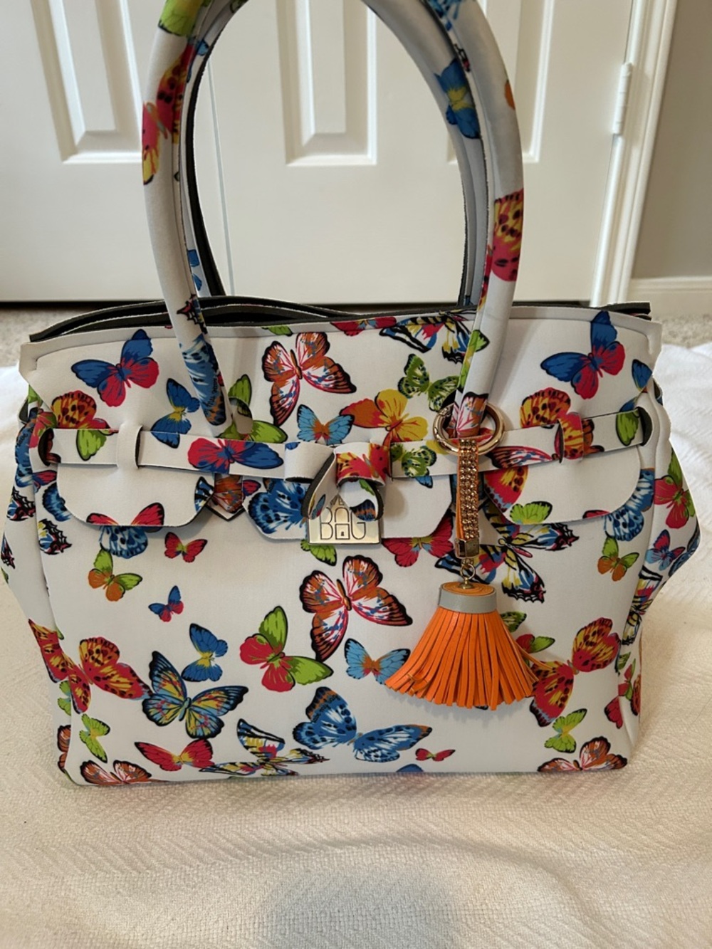 Save My Bag Butterfly Print Satchel with Orange Tassel